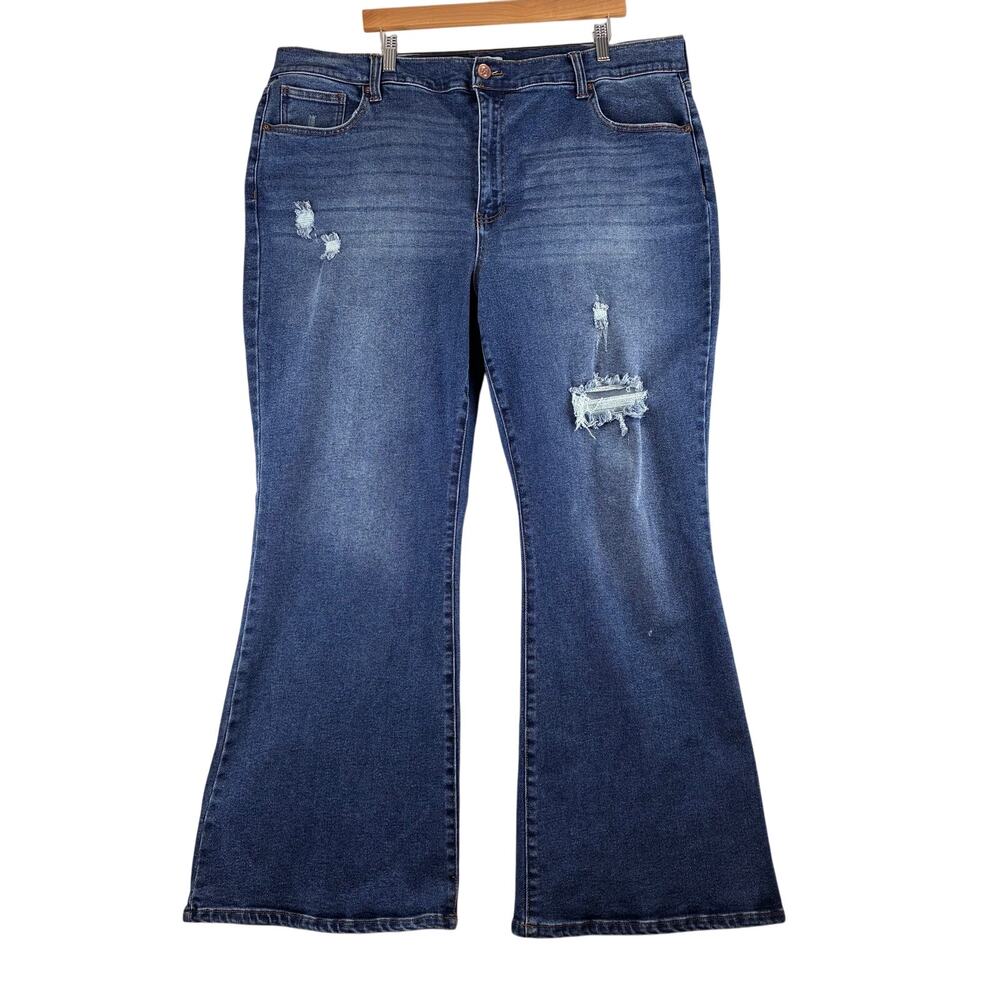 And Now This Distressed Flare Wide Leg Jeans Women's 24W Plus Dark Wash Fading
